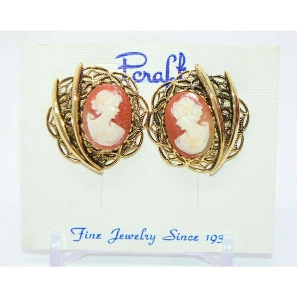 Pcraft Pink Acrylic Cameo Gold Tone Filigree Clip - Picture 1 of 4